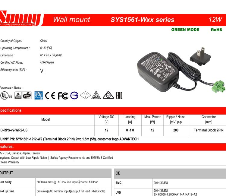 研華BB-RPS-v2-WR2-US Wall Power supply, ICR-32xx, v2, US plug