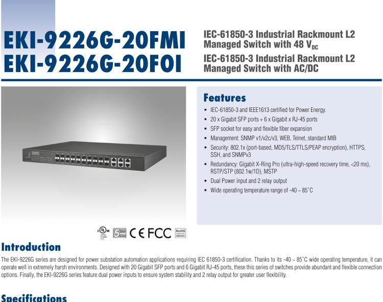 研華EKI-9226G-20FOI IEC61850-3 20G SFP + 6GE Managed Ethernet Switch, 90 ~ 264VAC/88 ~ 370VDC