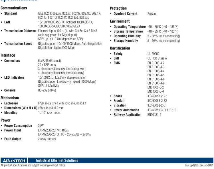 研華EKI-9226G-20FOI IEC61850-3 20G SFP + 6GE Managed Ethernet Switch, 90 ~ 264VAC/88 ~ 370VDC