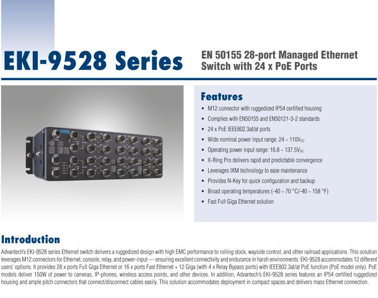 研華EKI-9528G-4GMW EN50155 Managed Ethernet Switch with 28xGE(4bypass), 24-110VDC