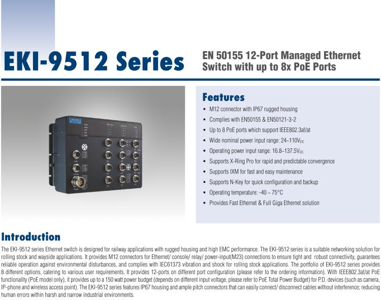 研華EKI-9512E-4GMPX EN50155 Managed PoE Ethernet Switch with 8FE+4GE, 24-110VDC