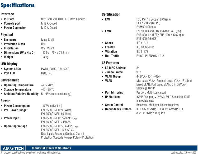 研華EKI-9508G-MPH 8個(gè)千兆M12 POE端口非網(wǎng)管EN50155交換機(jī)， 支持72/96/110 VDC供電