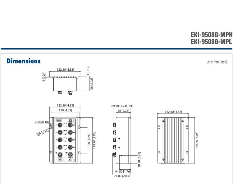 研華EKI-9508G-MPH 8個(gè)千兆M12 POE端口非網(wǎng)管EN50155交換機(jī)， 支持72/96/110 VDC供電