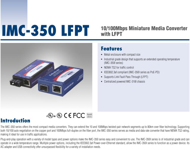 研華IMC-350-SFP-PS-A 緊湊型光電轉(zhuǎn)換器，100Base-TX/FX，SFP，AC適配器（也被稱為BB-855-10619）