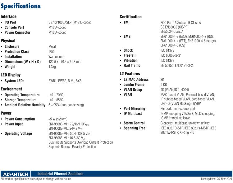 研華EKI-9508E-MH 8個百兆M12端口非網(wǎng)管EN50155交換機， 支持72/96/110 VDC供電