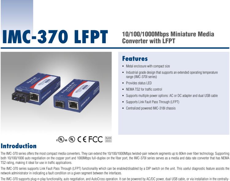 研華IMC-370-SE-B Miniature Media Converter, 1000TX/LX, Single-mode 1310nm, LFPT, 40km, SC type, w/o AC adapter