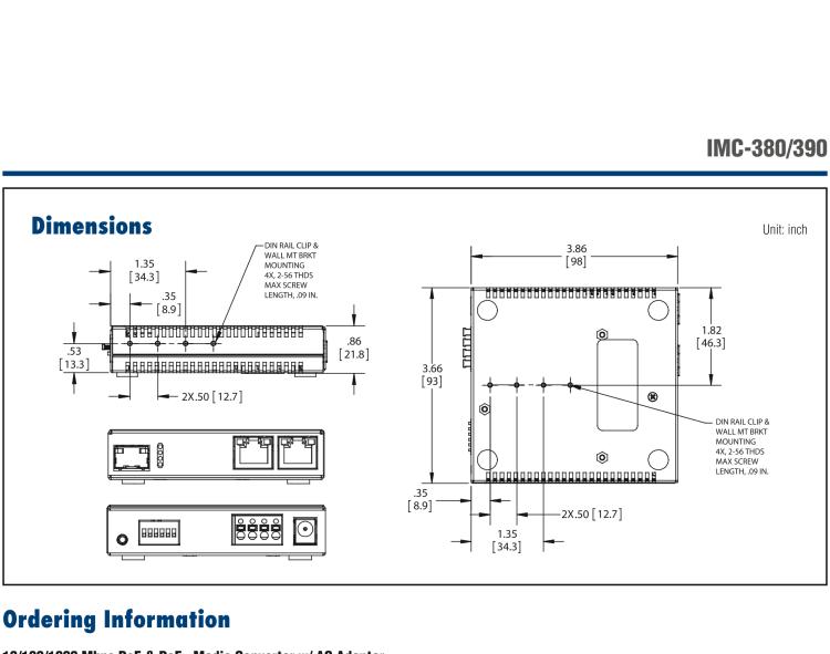 研華IMC-390-SE-PS Mini PoE+ Media Converter, 1000Mbps, Single mode 1310nm, 40km, SC, AC adapter w/o power cord