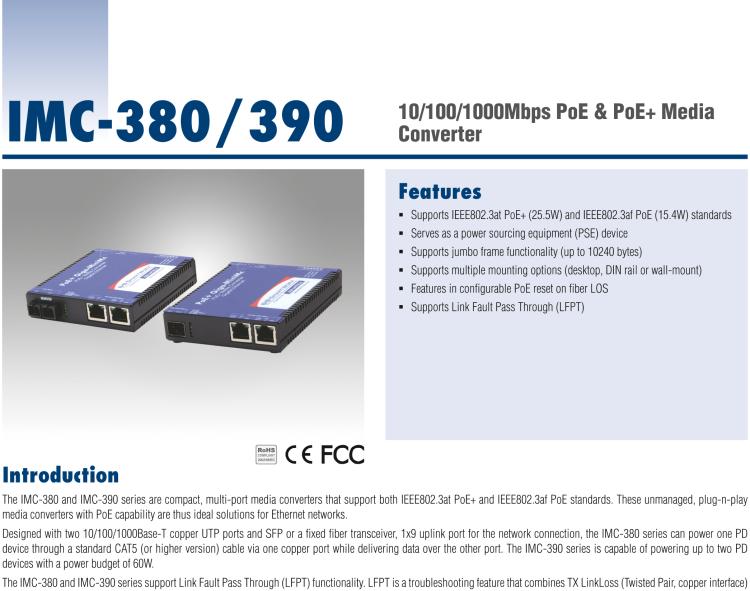 研華IMC-390-SM-PS Mini PoE+ Media Converter, 1000Mbps, Single mode 1310nm, 15km, SC, AC adapter w/o power cord