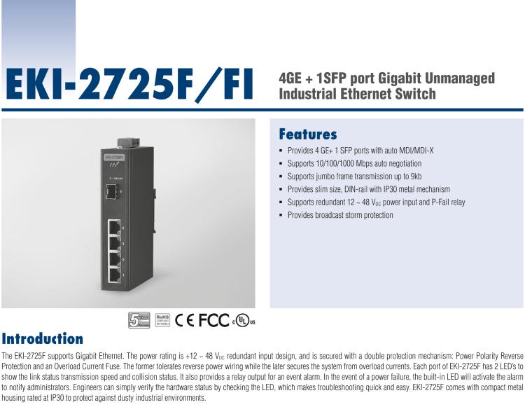 研華EKI-2725FI 4GE+1G SFP Unmanaged Ethernet Switch, -40~75℃