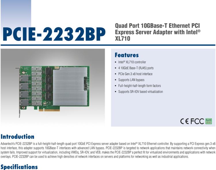 研華PCIE-2232BP Quad Port 10GBase-T Ethernet PCI Express Server Adapter with Intel? XL710