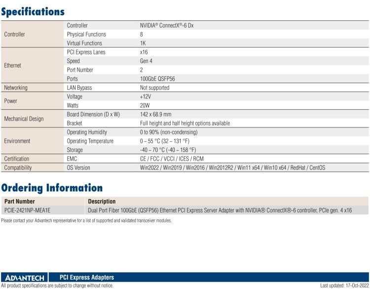 研華PCIE-2421 Dual Port Fiber 100GbE Ethernet PCI Express Server Adapter with NVIDIA? ConnectX?-6