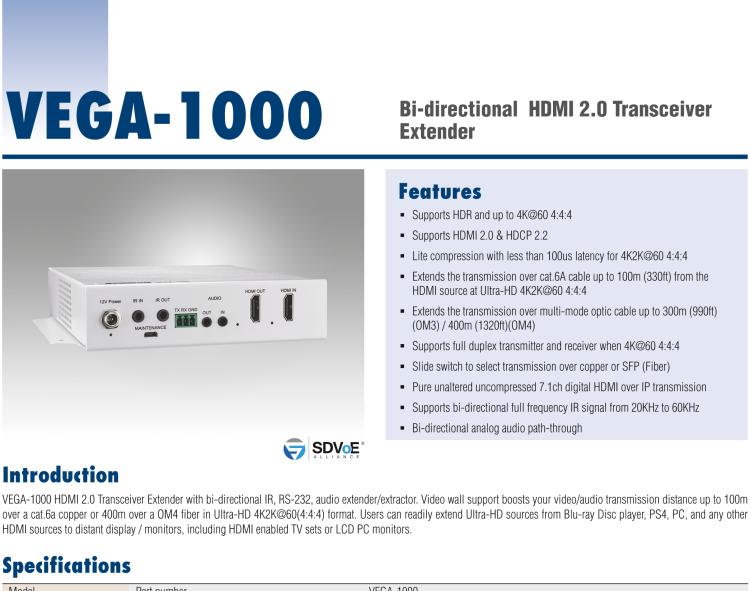 研華VEGA-1000 VEGA-1000 HDMI 2.0 Transceiver Extender with bi-directional IR, RS-232, audio extender/extractor.