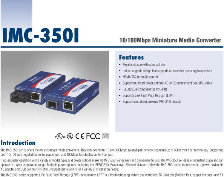 研華IMC-350I-SE-A Mini Hardened Media Converter, 100Mbps, Single mode 1310nm, LFPT, 40km, SC