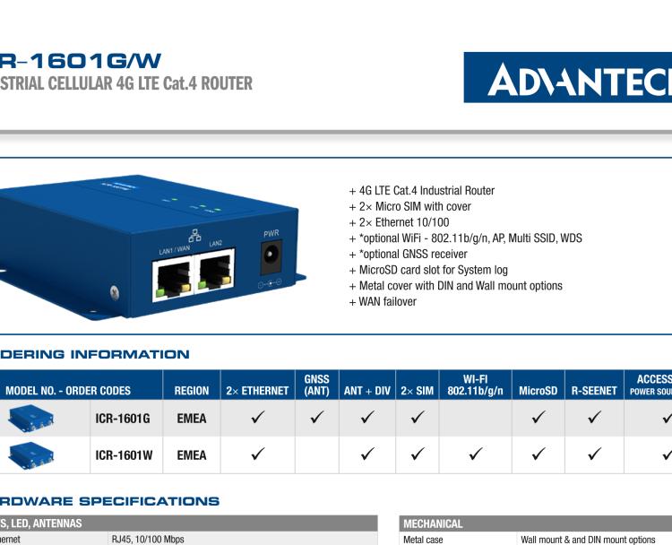 研華ICR-1601G ICR-1600, EMEA/LATAM/APAC, 2x Ethernet, GPS, Metal, Without Accessories