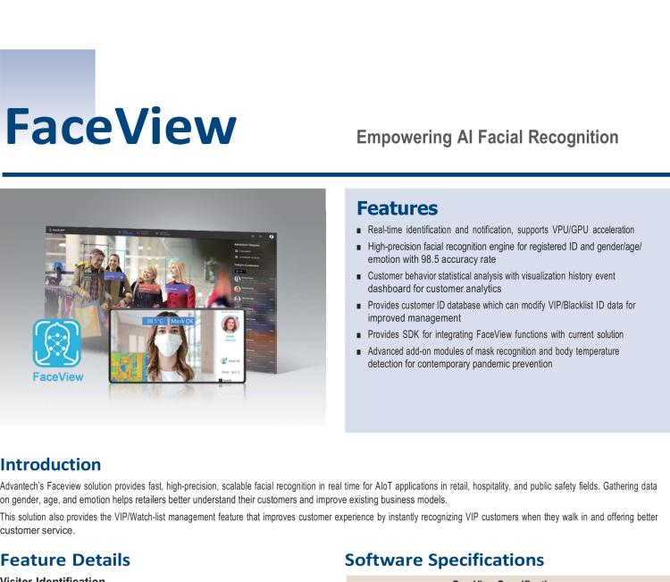 研華FaceView 研華 DeviceOn.FaceView是基于研華 IoT 設(shè)備的人臉識(shí)別軟件，支持性別、年齡、情感的數(shù)據(jù)收集，支持VPU/GPU加速。FaceView軟件在最新版本中正確識(shí)別率提升到了99.7%，可以支持遮擋檢測(cè)，也就是是否正確佩戴口罩，再搭配專業(yè)測(cè)溫?cái)z像頭情況下，可以實(shí)現(xiàn)測(cè)量體溫。