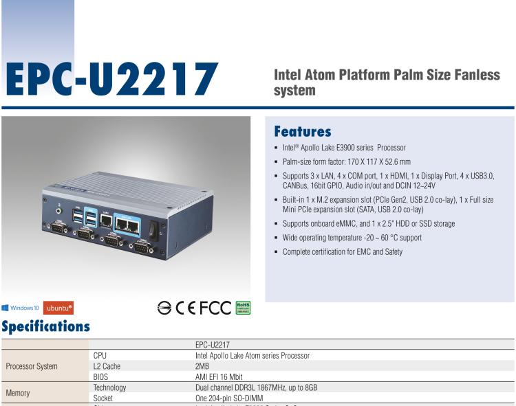 研華EPC-U2217 Intel Atom第六代Apollo Lake無風扇嵌入式工控機，3LAN，板載eMMC，CANBUS