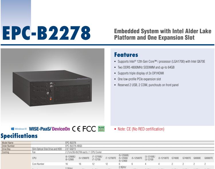 研華EPC-B2278 適配Intel 第12代 Core i 系列處理器，搭載Q670E芯片組。2U高度，精簡(jiǎn)尺寸，性能強(qiáng)勁，是小尺寸高性能場(chǎng)景的理想解決方案。