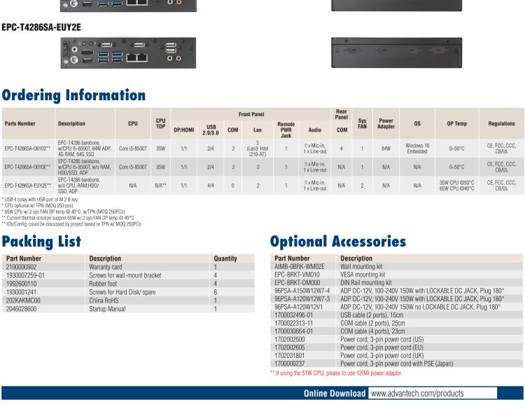 研華EPC-T4286 適配Intel? 第8/9代 Core? i 系列處理器，搭載H310芯片組。1U超薄高度，性能強(qiáng)勁。