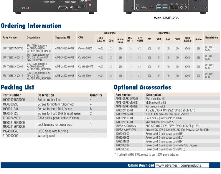 研華EPC-T2285 適配Intel? 第6/7代 Core? i 系列處理器，搭載H110芯片組。1U超薄高度，性能強勁。