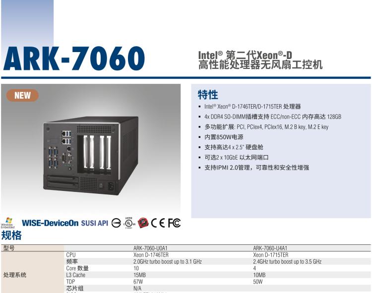 研華ARK-7060 搭載Intel二代Xeon D-1700高性能處理器系統(tǒng)，具有3個(gè)擴(kuò)展插槽