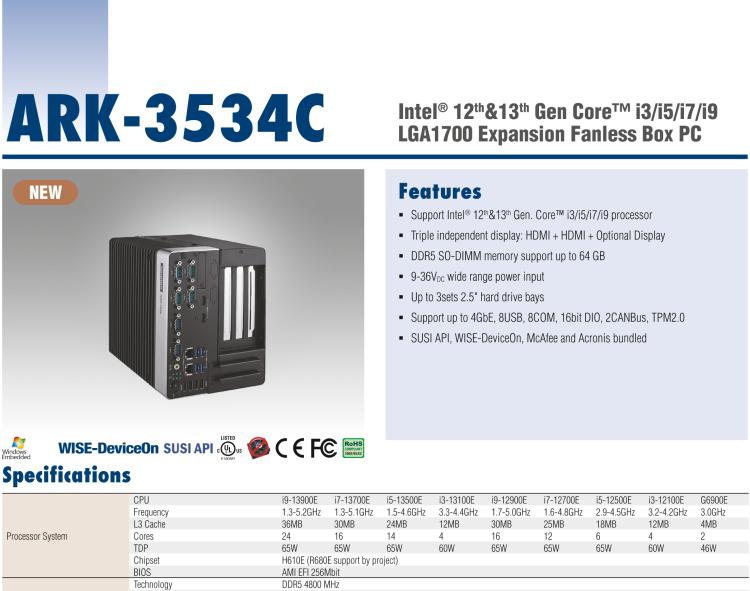 研華ARK-3534C 12th&13th Gen Intel? Core? i3/i5/i7/i9 LGA1700 Expansion Fanless Box PC