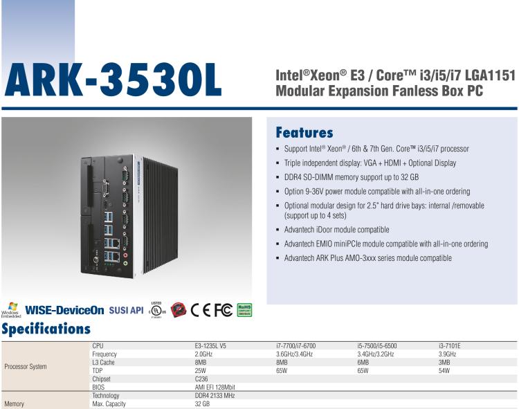 研華ARK-3530L Intel?Xeon? E3 / Core? i3/i5/i7 LGA1151 Modular Expansion Fanless Box PC