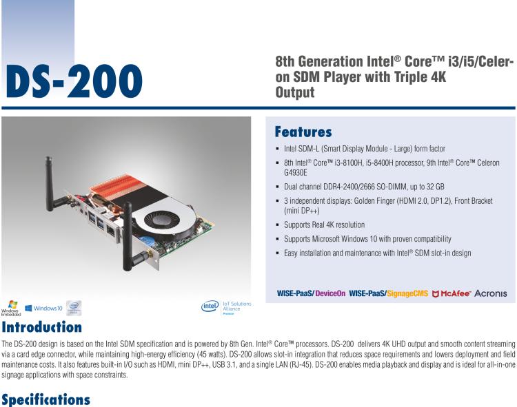 研華DS-200 Intel ? 第八代 Core? i3/i5 SDM，支持4K三顯的數(shù)字標(biāo)牌播放器