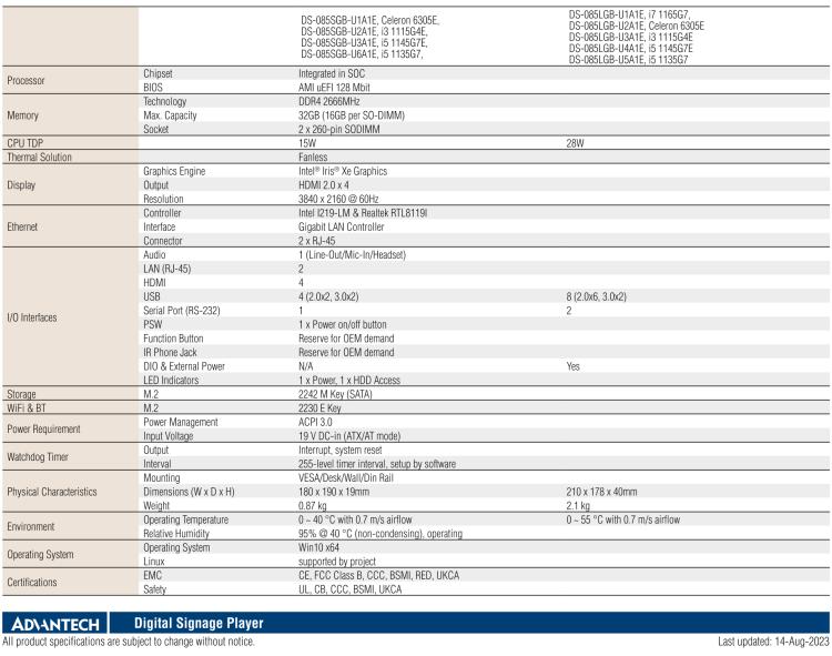 研華DS-085 搭載Intel Tiger Lake UP3 極薄數(shù)字標牌