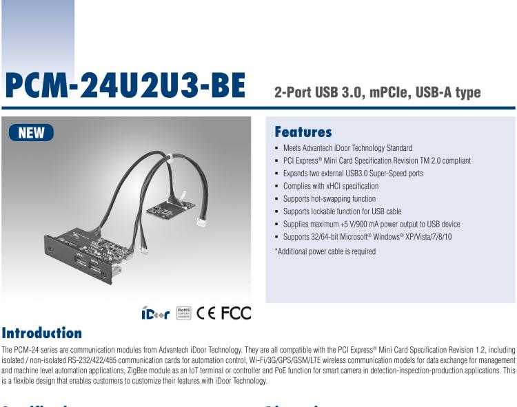 研華PCM-24U2U3 2端口USB 3.0，mPCIe，USB-A型