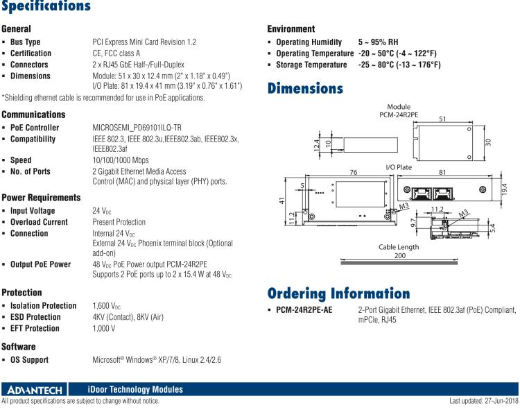 研華PCM-24R2PE 2端口千兆以太網(wǎng)，兼容IEEE 802.3af（PoE），mPCIe，RJ45