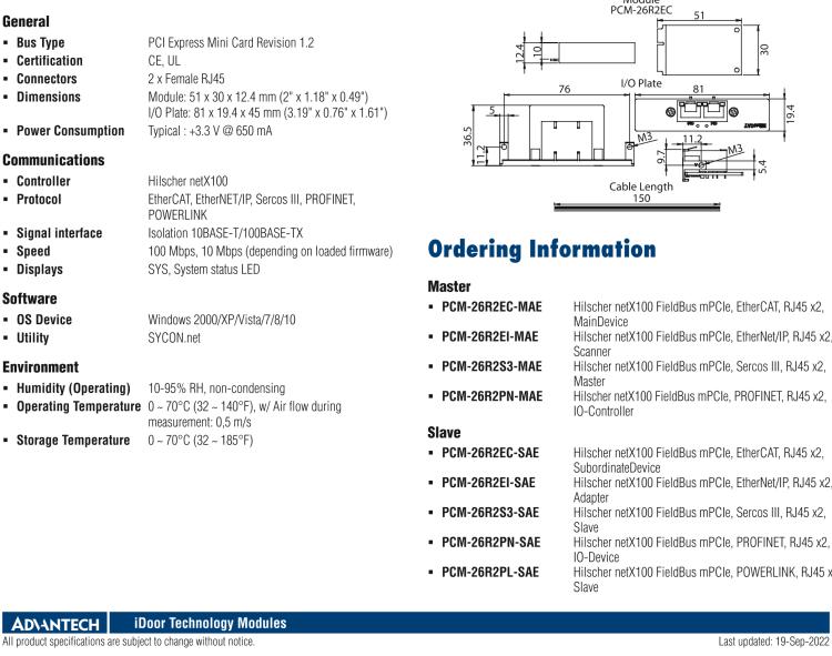 研華PCM-26R2S3 2端口 Hilscher netX100 現(xiàn)場(chǎng)總線 mPCIe, Sercos III, RJ45