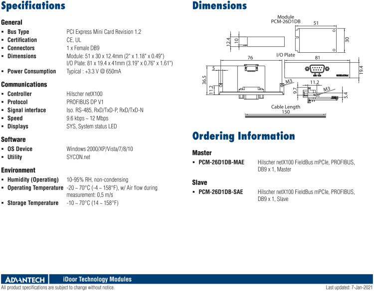 研華PCM-26D1DB 1端口 Hilscher netX100 現(xiàn)場(chǎng)總線 mPCIe，PROFIBUS，DB9