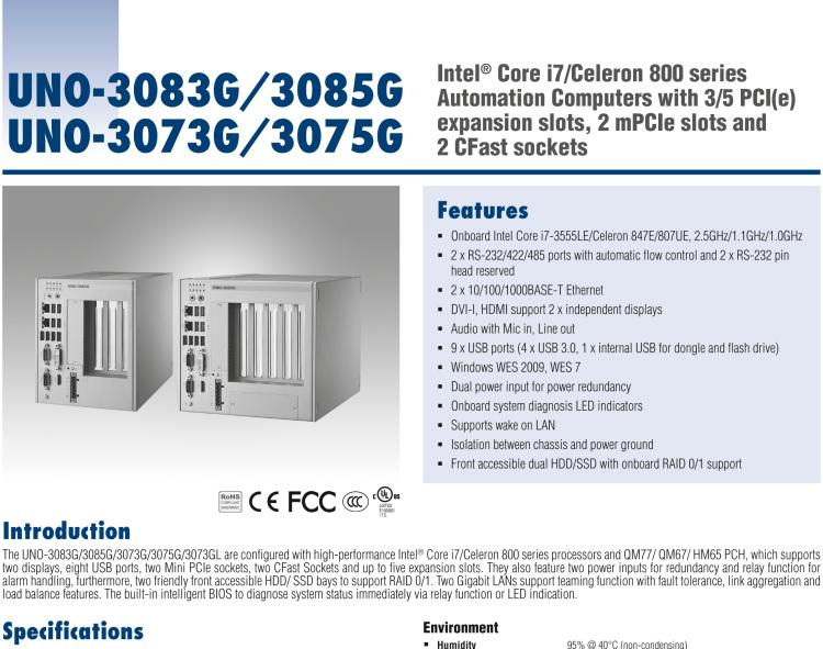 研華UNO-3085G Intel Core i-2655LE嵌入式無風扇工業(yè)電腦，帶5個PCI(e)擴展槽，2個Mini PCIe插槽，2個CFast插槽