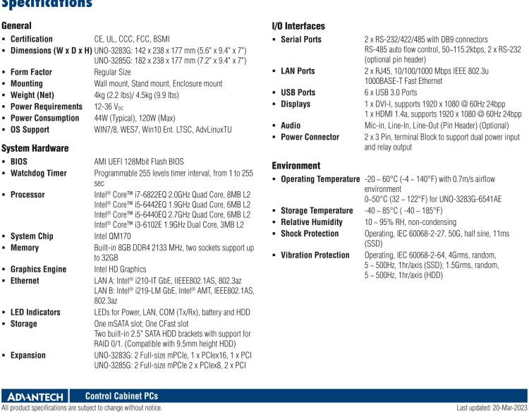 研華UNO-3283G 高效能嵌入式無風(fēng)扇工業(yè)電腦，搭配Intel? Core? i 處理器，2×GbE, 2×mPCIe, HDMI, DVI-I