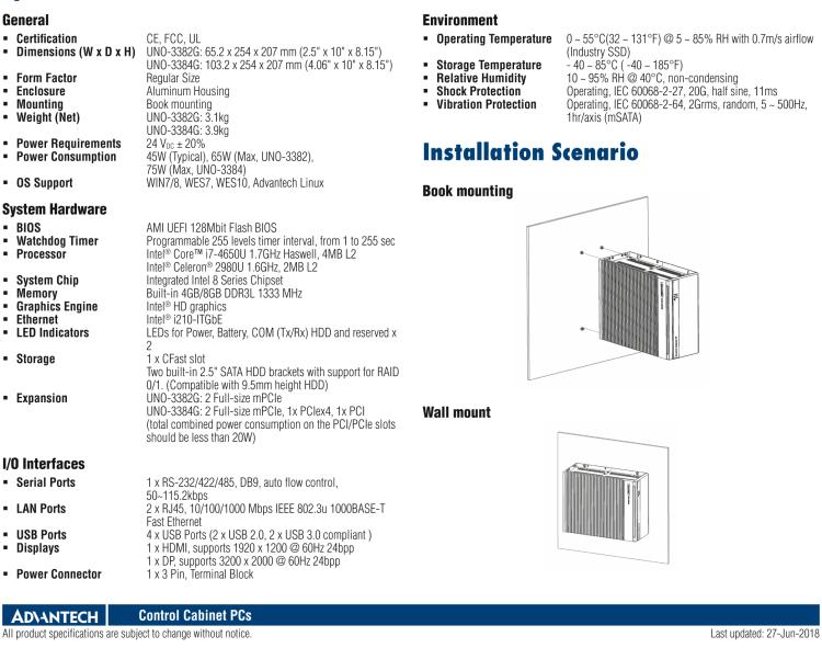 研華UNO-3382G Intel? Core? i7/Celeron控制柜PC，2 x GbE, 2 x mPCIe, HDMI/DP