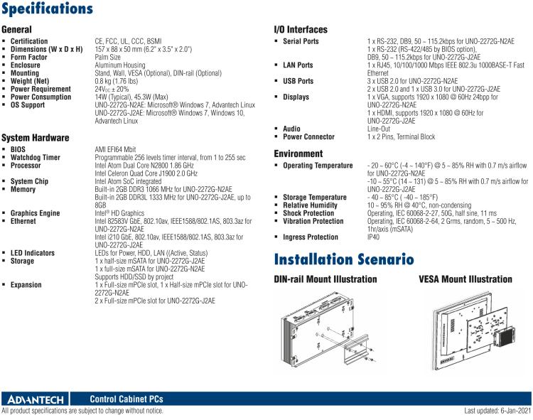 研華UNO-2272G 袖珍型嵌入式工控機(jī)，搭配Intel? Atom?處理器，1 x GbE, 2 x mPCIe, VGA/HDMI