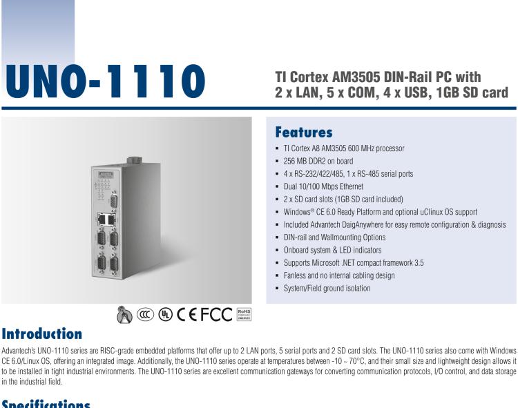 研華UNO-1110 導(dǎo)軌安裝型工業(yè)控制器，搭配TI Coretex AM3505 處理器，2×LAN，5×COM，4×USB，1 GB SD卡