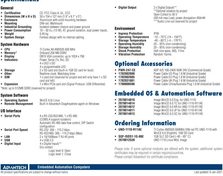 研華UNO-1110 導(dǎo)軌安裝型工業(yè)控制器，搭配TI Coretex AM3505 處理器，2×LAN，5×COM，4×USB，1 GB SD卡