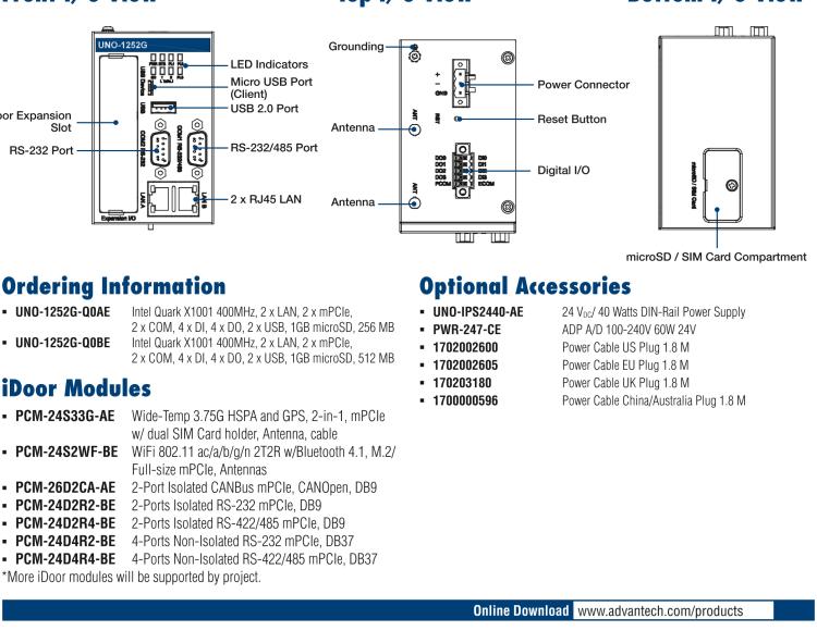 研華UNO-1252G 微型導(dǎo)軌安裝工業(yè)物聯(lián)網(wǎng)網(wǎng)關(guān)，搭配英特爾? Quark? 微控制器，2×LAN，2×mPCIe，2×COM，8×DI/O，2×USB，1×1GB microSD card，1×SIM