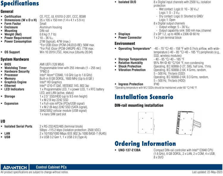 研華UNO-137 DIN導(dǎo)軌控制器，配備Intel?Atom?E3940 CPU、2個(gè)LAN、2個(gè)COM、3個(gè)USB 3.0、1個(gè)USB 2.0、2個(gè)DP 1.2、8個(gè)DI、8個(gè)DO、1個(gè)M.2、1個(gè)mPCIe、TPM 2.0