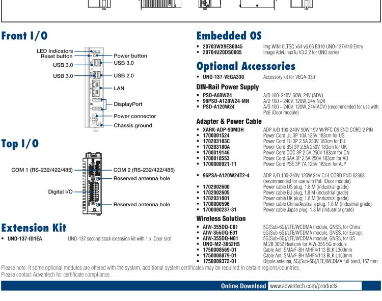 研華UNO-137 DIN導(dǎo)軌控制器，配備Intel?Atom?E3940 CPU、2個(gè)LAN、2個(gè)COM、3個(gè)USB 3.0、1個(gè)USB 2.0、2個(gè)DP 1.2、8個(gè)DI、8個(gè)DO、1個(gè)M.2、1個(gè)mPCIe、TPM 2.0