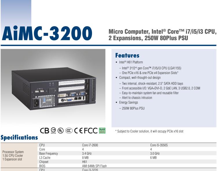 研華AiMC-3200 智能微型工控機，Intel Core i7/i5/i3 CPU,2 擴展槽，250W 80 Plus PSU