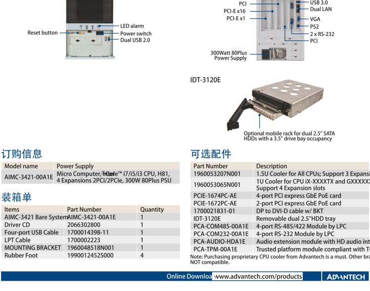 研華AIMC-3421 智能微型計算機，支持英特爾酷睿? i7/i5/i3 CPU,H81芯片組，4個擴展槽2PCI/2PCIe,300W 80Plus 電源