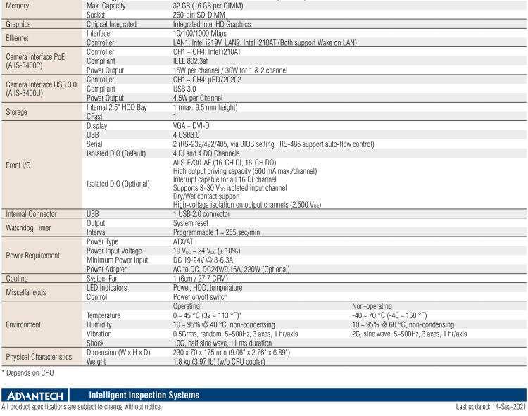 研華AIIS-3400 Compact Vision System, Supports Intel? 6th generation Core i CPU, 4-CH Camera Interface for GigE PoE or USB 3.0