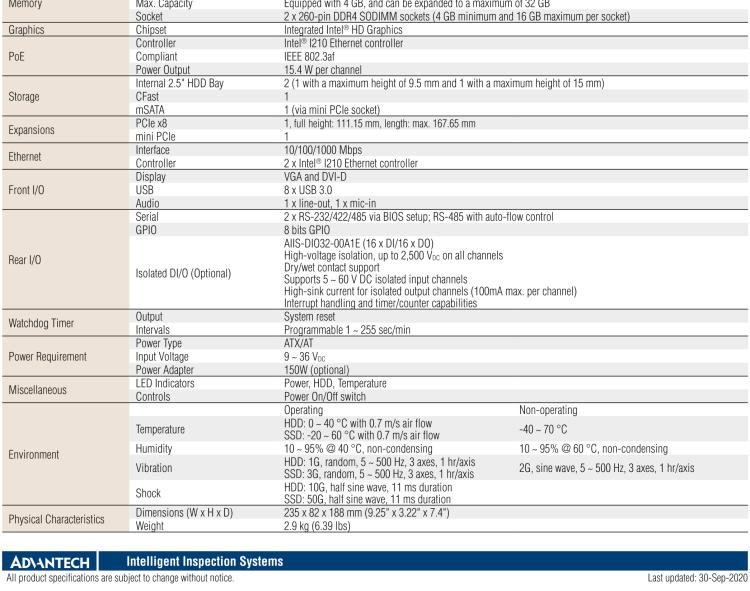 研華AIIS-5410P 無風(fēng)扇視覺系統(tǒng)，Intel Core? i 處理器，4通道 GigE PoE 相機界面和 PCIe 插槽