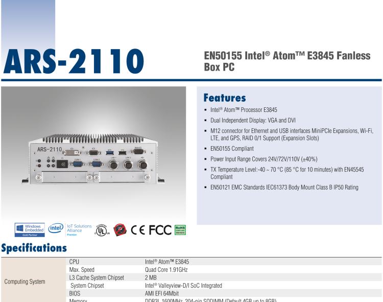 研華ARS-2110 EN50155 Intel? Atom? E3845 無風(fēng)扇設(shè)計(jì)之列車車輛控制系統(tǒng)