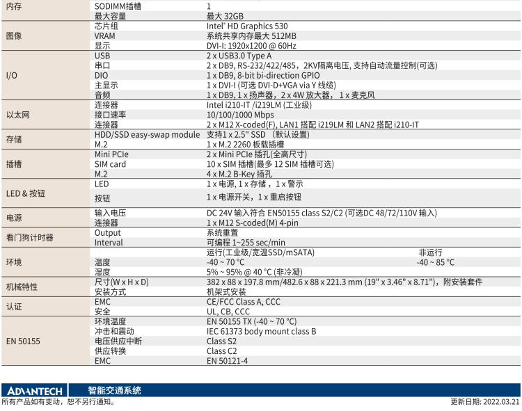 研華ITA-5231W 英特爾?第六代酷睿?i處理器無風扇系統(tǒng)；符合EN 50155的鐵路應用