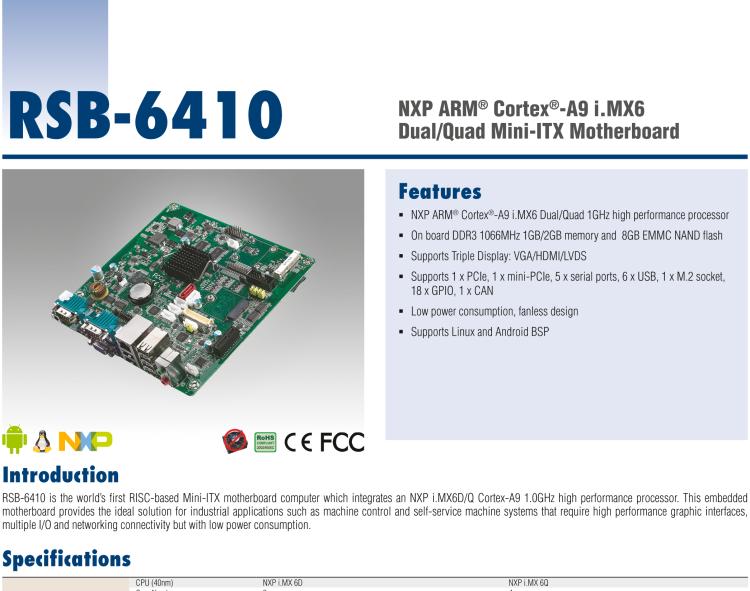 研華RSB-6410 基于NXP ARM Cortex-A9 i.MX6 Dual/Quad 的Mini-ITX工業(yè)主板， 支持Linux Yocto/Android