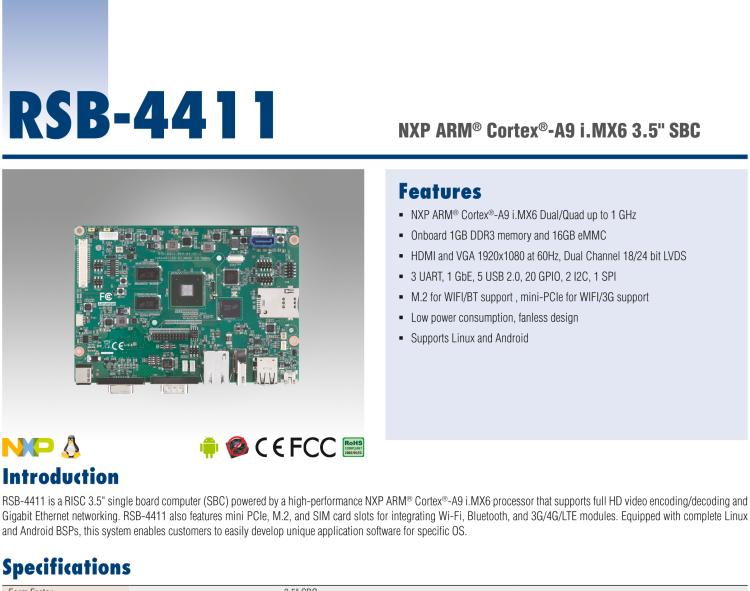 研華RSB-4411 基于NXP ARM Cortex-A9 i.MX6的3.5寸單板