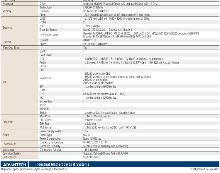 研華RSB-4710 Rockchip RK3399 Cortex-A72 Quad core, 高達(dá) 1.8GHz, 3.5" 單板電腦